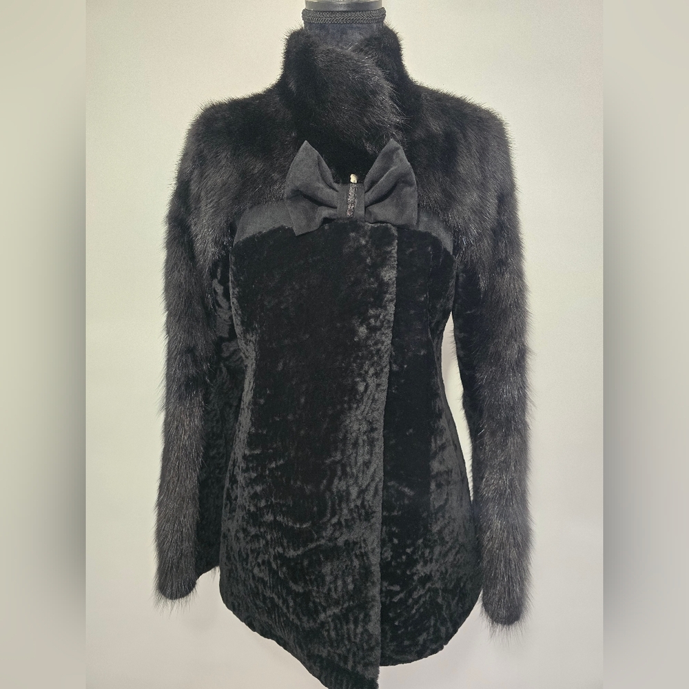 Genuine Mink Astrakhan Merino Fur Coat Black Luxury Women John Garcon’s EU 40